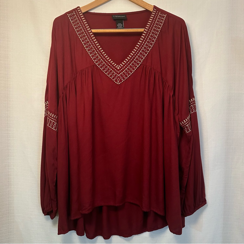 Lane Bryant Maroon Embroidered Trim Bubble Sleeve Peasant Top Size 14/16